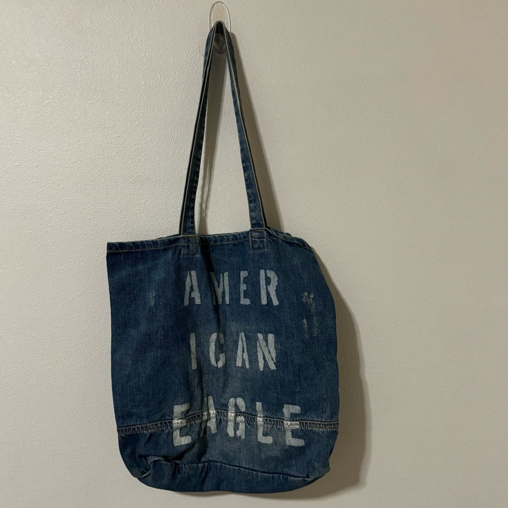 American Eagle Outfitters Blue Denim Tote Pockets Spellout Graphic-15x13x3”